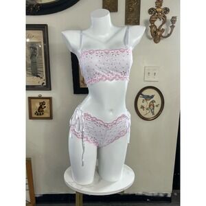 Vintage Penthouse by Coquette White Pink Lace Bra Panty Set 118N Large